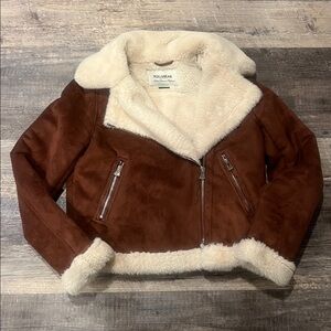 Pull&Bear  Jacket in Brown Faux Suede with Cream Sherpa-like Fur Trim.